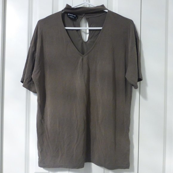 BEBE olive green oversized v-neck choker top - Picture 1 of 9
